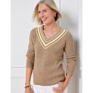Talbots Plus Beige V-Neck Sweater Womens 2X Yellow & White Stripes Casual NWT